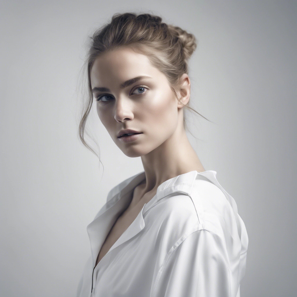 A high key fashion portrait of a young woman with long brunette hair against a minimalist white background with dramatic lighting, aesthetic, highly detailed, in 8k resolution